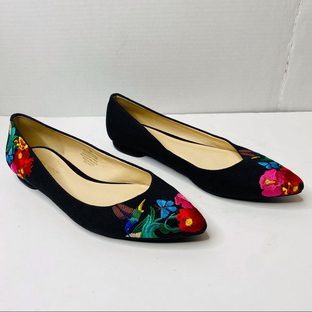 Nine West Embroidered Floral And Hummingbird “Obedience” Flats.